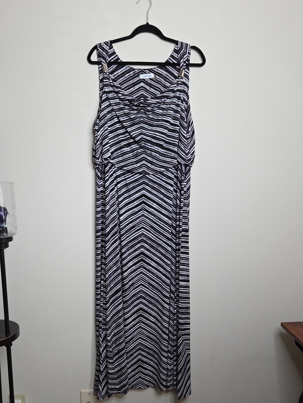 Calvin Klein Black and White Striped Maxi Dress